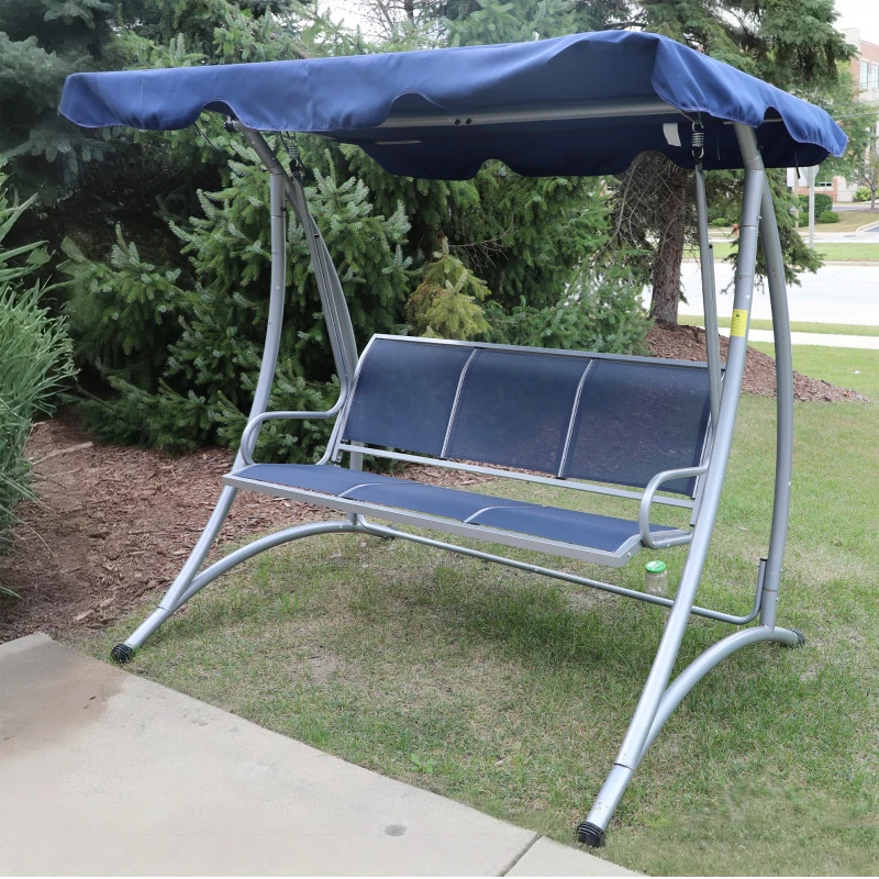 Outsunny 3-Seater Outdoor Swing Chair Bench with Adjustable Canopy, Dark Blue