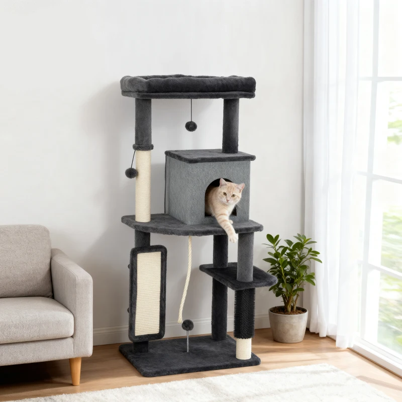 PawHut 52 Inch Cat Tree with Scratching Posts, Cat Bed, Condo, Grooming Brush, Jumping Platforms, Toy Balls, Anti-tip Kit