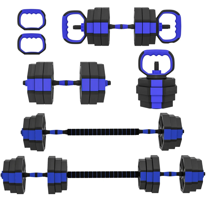 Soozier 6-in-1 Adjustable Dumbbell Set, Used as Kettlebell, Barbell, Dumbbell, Push-Up Stand, 55lbs Free Weights Set, Blue