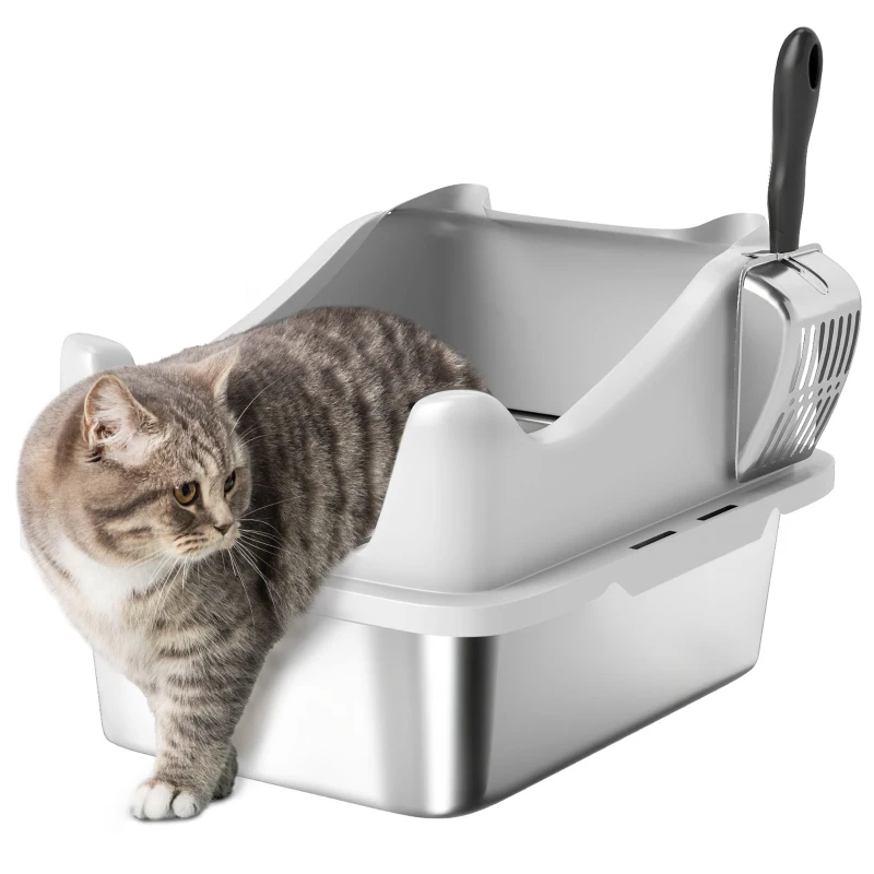 PawHut Cat Litter Box Stainless Steel with Metal Litter Scoop, Never Absorbs Odors, Anti Leakage, 17" x 13" x 10", Grey