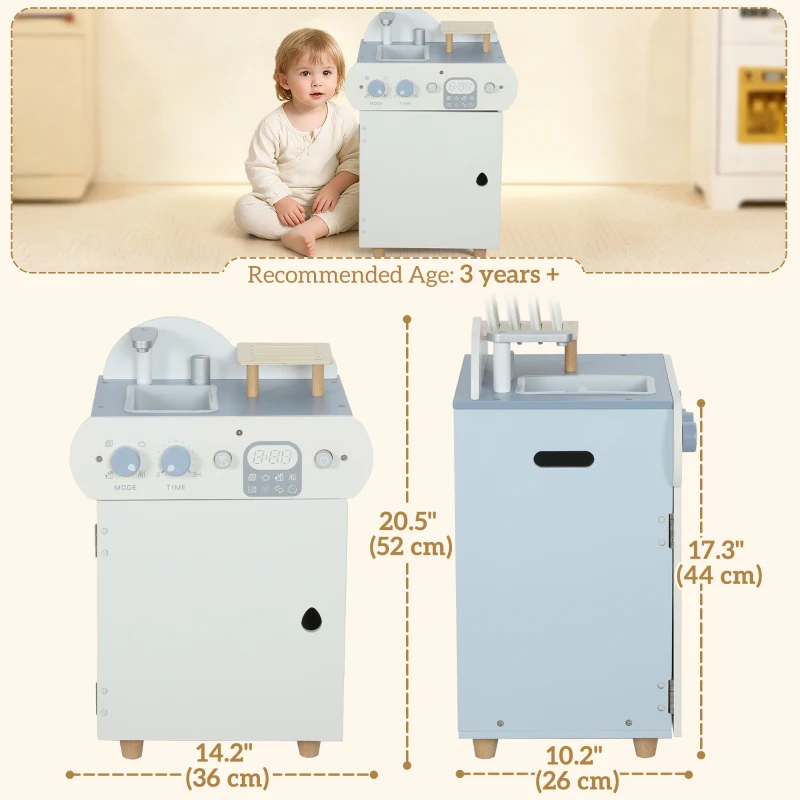 Qaba Wooden Dishwasher Playset, Play Sink Toys with Faucet, Turning Knobs and Accessories, Gift for Boys Girls Toddlers