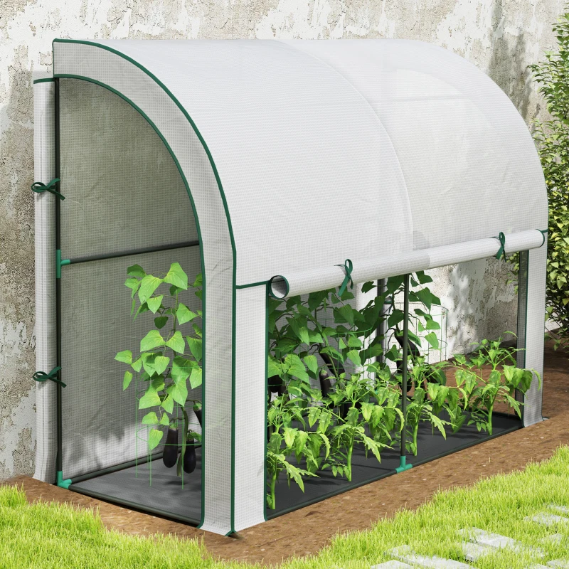Outsunny Walk-in Lean-to Greenhouse, Outdoor Gardening Green House with Zipper Roll-up Doors and Window, 7' x 3' x 5', White