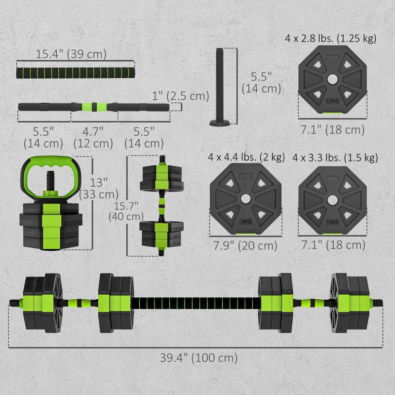 Soozier 6-in-1 Adjustable Dumbbell Set, Used as Kettlebell, Barbell, Dumbbell, Push-Up Stand, 44lbs Free Weights Set, Green