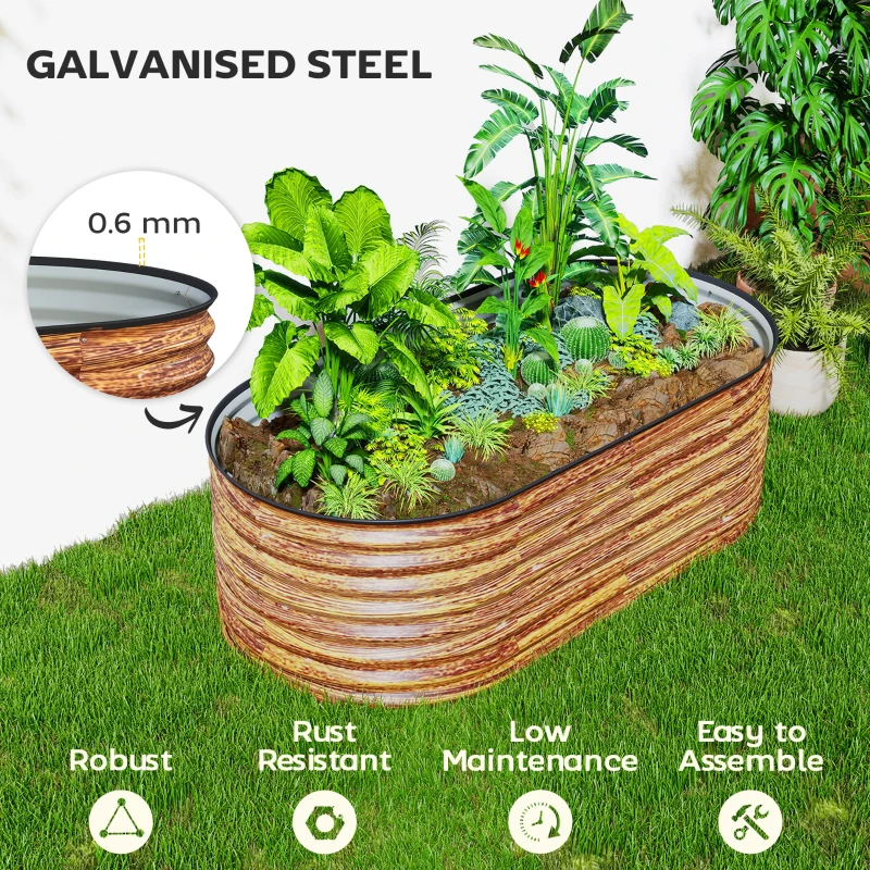 Outsunny 5 x 2.5 x 2 ft Galvanized Raised Garden Bed, Easy DIY Oval Planter Box with Safety Edging and Gloves, Brown Wood Effect