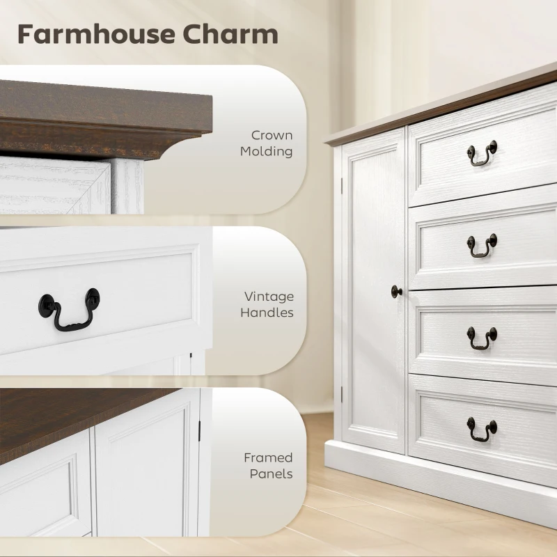 HOMCOM Farmhouse Sideboard with Charging Station, 58" Buffet Cabinet, Kitchen Storage Cabinet with 4 Drawers, 2 Doors, White