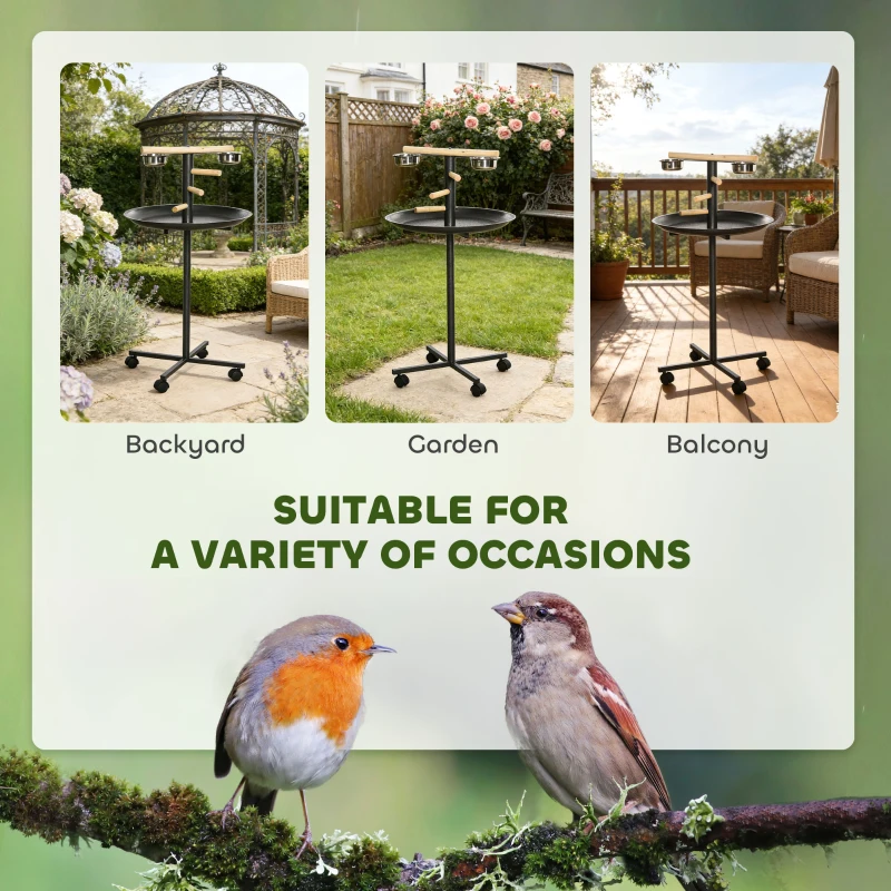PawHut Portable Bird Play Stand, Parrot Perch Bird Feeder Station with Wheels, Stainless Steel Feeding Bowls, Tray, Gray