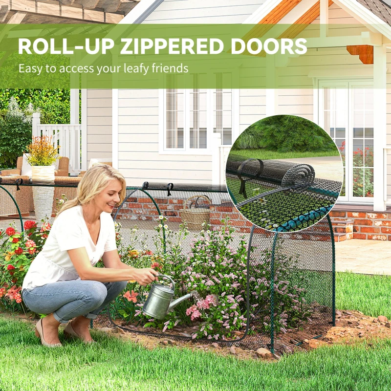 Outsunny 8' x 3' Crop Cage, Garden Plant Protector, with 3 Zippered Doors and 6 Ground Stakes, for Garden, Yard, Lawn, Black