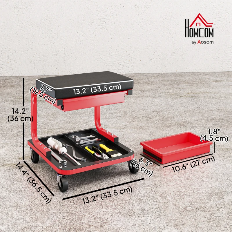 HOMCOM Rolling Garage Stool, 300 LBS Capacity Mechanic Stool with, Tool Trays Storage, Drawer, Black