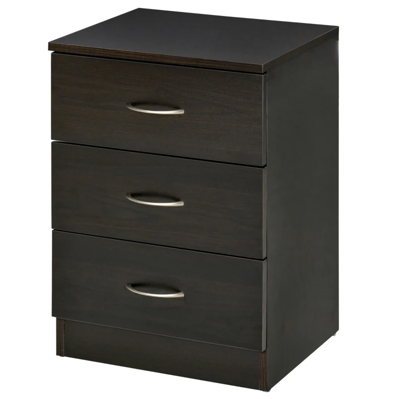 HOMCOM Bedside Table, Modern Night Stand with 3 Drawers and Metal Rail for Bedroom, Dark Brown