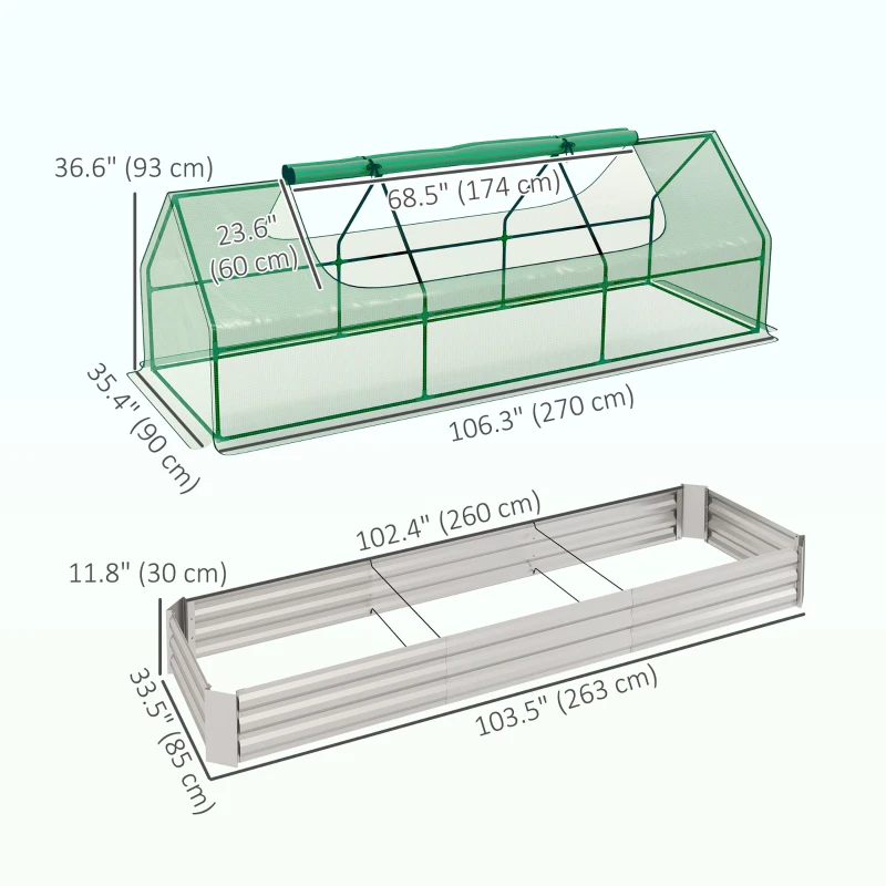 Outsunny 8.6 x 3 x 1ft Raised Garden Bed with Mini Greenhouse, Galvanized Raised Garden Bed with Cover for Herbs and Vegetables, Small Greenhouse for Patio Garden Balcony, Green
