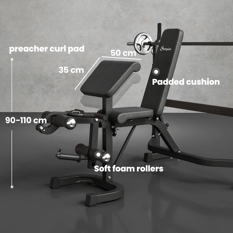 Soozier Weight Bench Stand with Squat Rack, Adjustable Olympic Bench, Multifunctional Arm Curl Pad, Leg Extension, Grey
