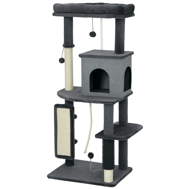 PawHut 52 Inch Cat Tree with Scratching Posts, Cat Bed, Condo, Grooming Brush, Jumping Platforms, Toy Balls, Anti-tip Kit