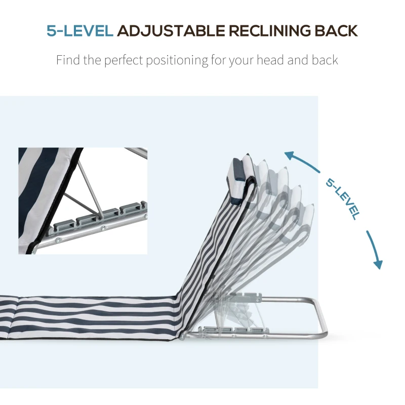 Outsunny 2 Pieces Beach Lounge Chair, Outdoor Folding Chaise Lounge Set w/ Pillow for Sunbath, Snap, Blue and White