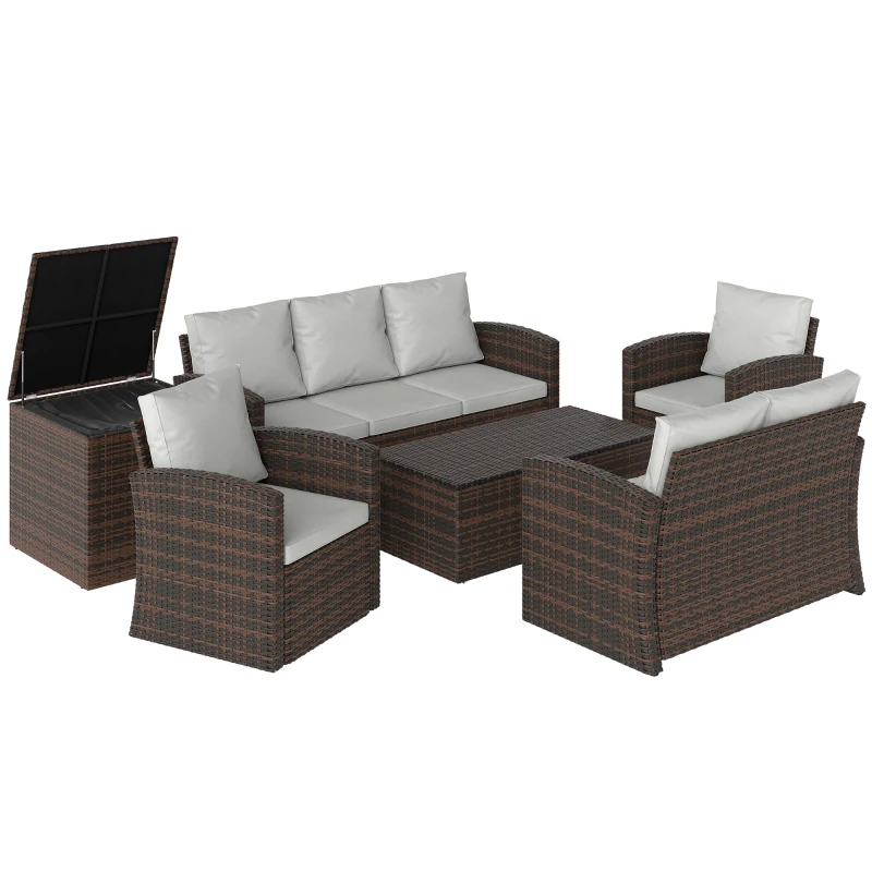 Outsunny 6 Pieces Wicker Patio Furniture Set with Cushions, 7-Seater Rattan Patio Sofa Set with Storage Coffee Table & Side Table, Sectional Outdoor Furniture Set, Cream White