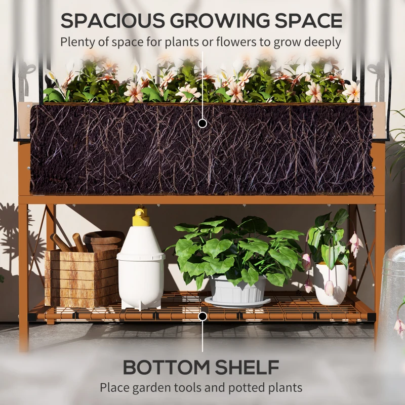 Outsunny Raised Garden Bed with Cover, Metal Elevated Planter Box with Bottom Shelf and Liner, Dark Brown Wood Effect