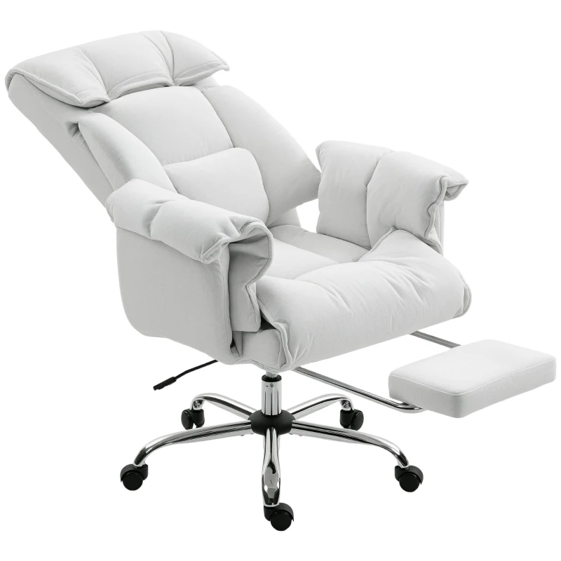 HOMCOM High Back Office Chair, Reclining Desk Chair with Footrest, High Resilience Foam, Rolling Wheels, Cream White