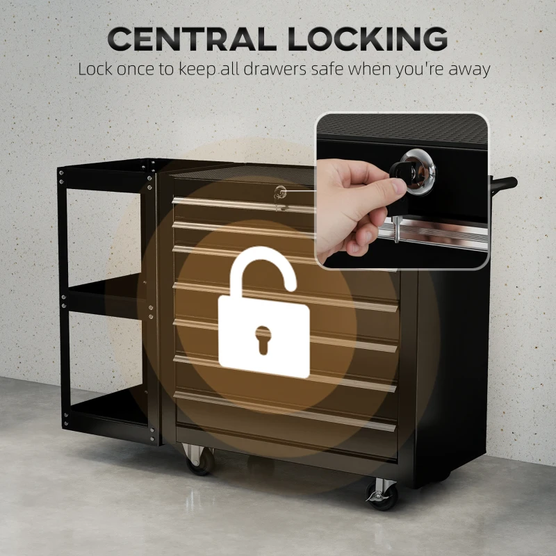 HOMCOM 7-Drawer Rolling Tool Chest with Detachable Side Shelf, Lockable Tool Cabinet Box Organizer with Wheels, Black