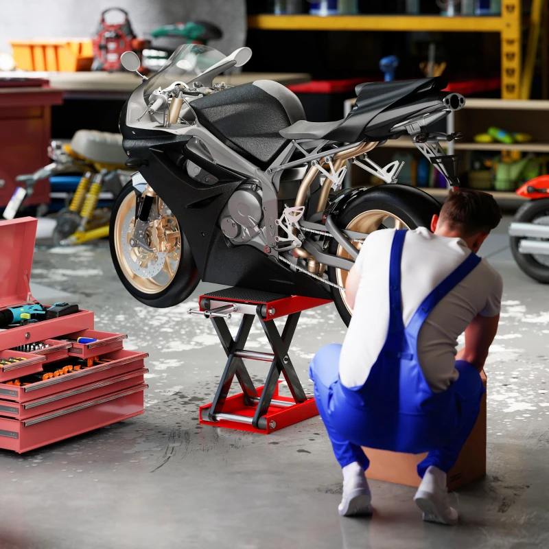 HOMCOM 1100lbs Motorcycle Jack, Height Adjustable Motorcycle Scissor Lift Jack with Anti-Slip Wide Deck for Home Garage, Red