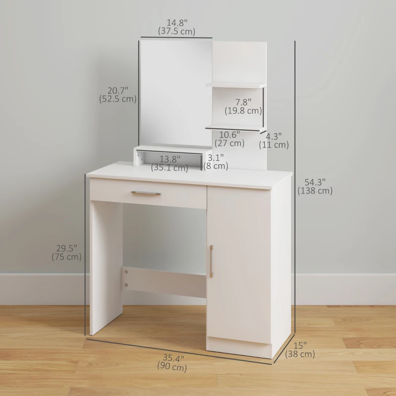HOMCOM Vanity Desk with Mirror, Makeup Vanity w/ Drawer, Open Compartment and Shelves, Cabinet, Adjustable Shelves for Bedroom