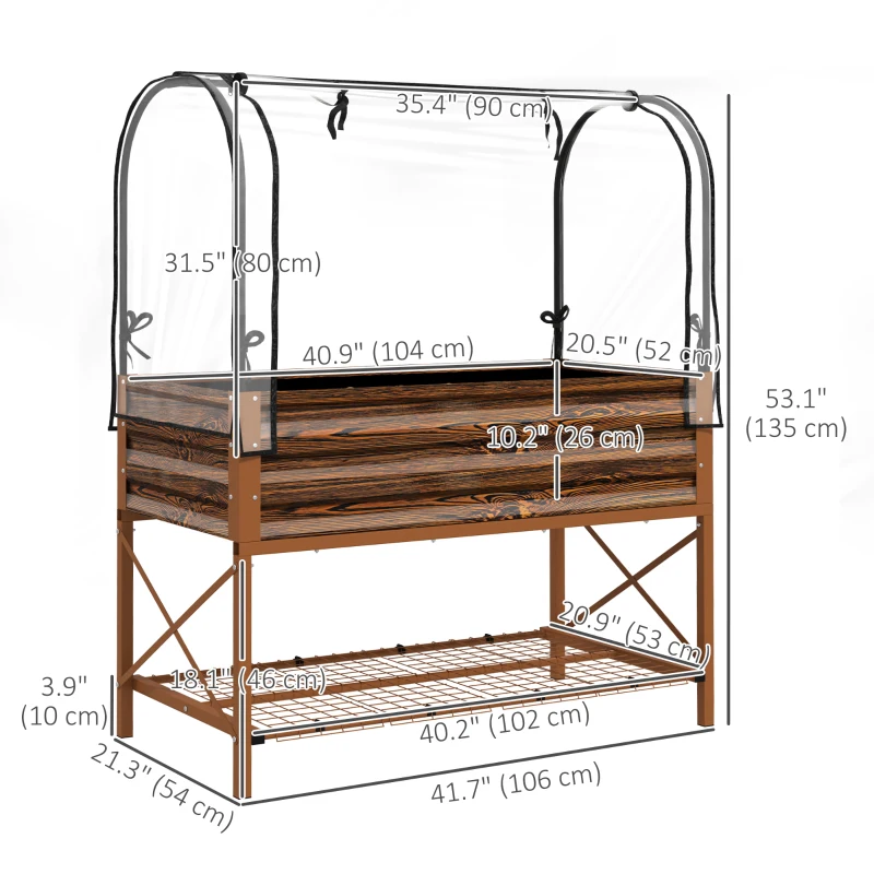 Outsunny Raised Garden Bed with Cover, Metal Elevated Planter Box with Bottom Shelf and Liner, Dark Brown Wood Effect