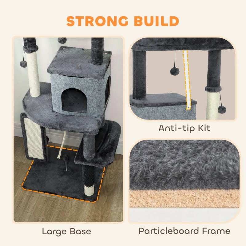 PawHut 52 Inch Cat Tree with Scratching Posts, Cat Bed, Condo, Grooming Brush, Jumping Platforms, Toy Balls, Anti-tip Kit