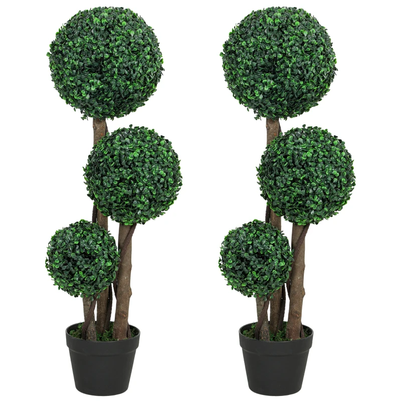HOMCOM 35 Inch Potted Fake Plant Set of 2, Artificial Boxwood Topiary Tree, Triple Ball Tree for Indoor and Outdoor, Green