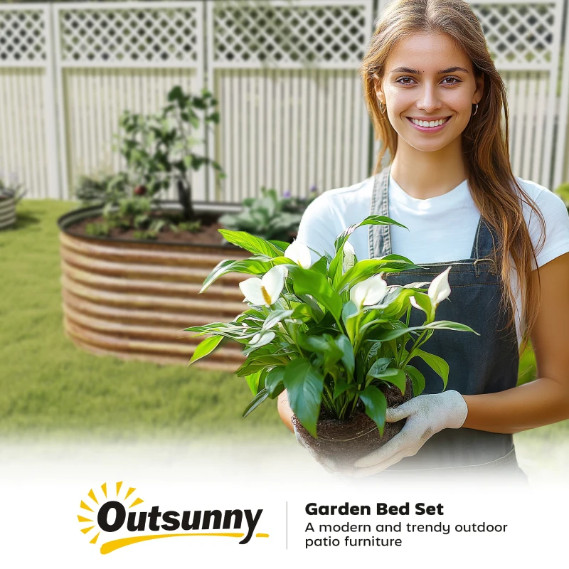 Outsunny 5 x 2.5 x 2 ft Galvanized Raised Garden Bed, Easy DIY Oval Planter Box with Safety Edging and Gloves, Brown Wood Effect