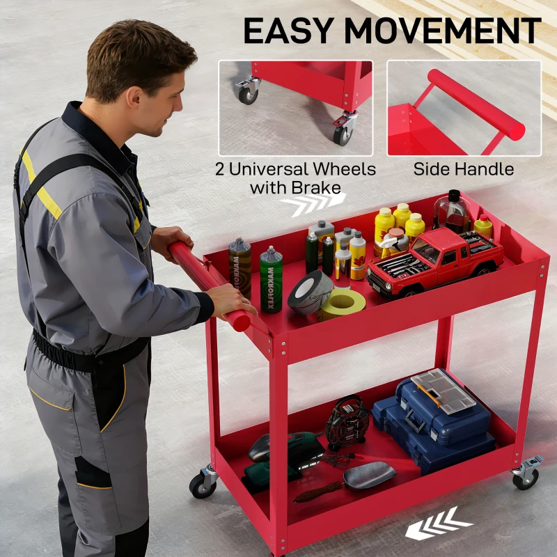 DURHAND Rolling Tool Cart, 2 Tier Mobile Service Utility Cart with Wheels, Red