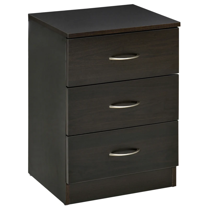 HOMCOM Bedside Table, Modern Night Stand with 3 Drawers and Metal Rail for Bedroom, Dark Brown