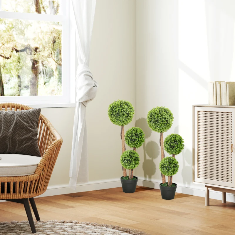 HOMCOM 35 Inch 2 Pack Potted Fake Plant, Artificial Boxwood Topiary Trees, Triple Ball Tree for Indoor and Outdoor, Light Green