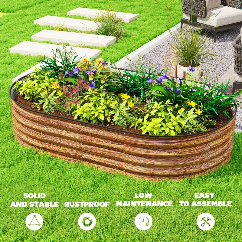 Outsunny 5' x 3' x 1' Large Outdoor Planter Box, Galvanized Raised Garden Bed with Metal Plant Stake, Brown Wood Effect