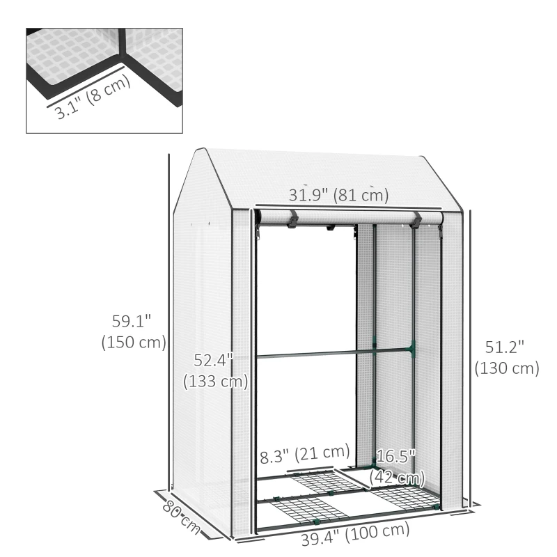 Outsunny Mini Greenhouse with 4 Wire Shelves, Portable Tomato Greenhouse with Roll Up Door, 39.4" x 31.5" x 59.1", White