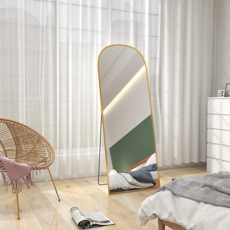 HOMCOM Arched Standing Mirror, 64" x 24" Full Length Mirror, Free Standing or Wall Mounted for Living Room, Bedroom, Gold