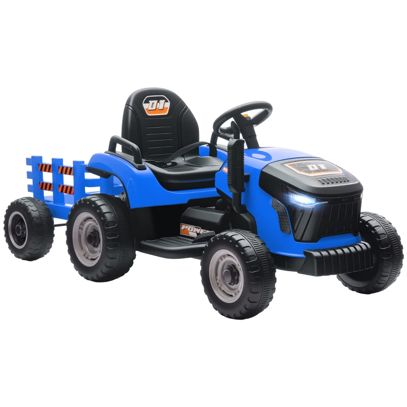Qaba 12V Kids Ride On Tractor with Trailor, Remote Control, Music, Lights, Shifter, for Kids Ages 3-8 Years, Blue