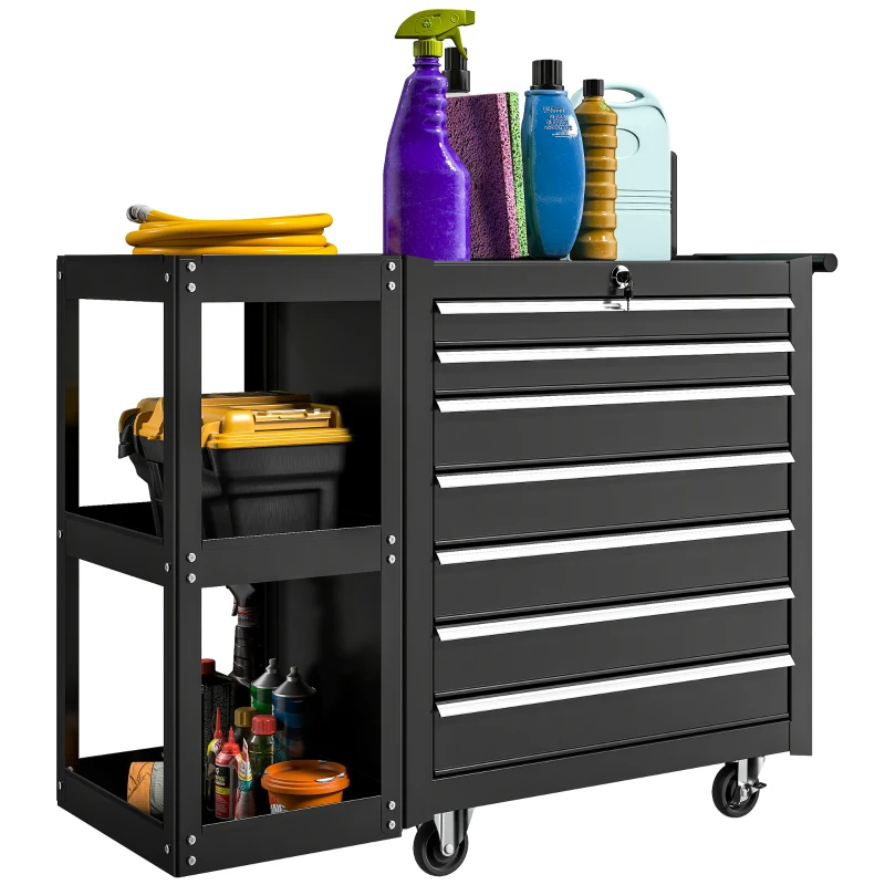 HOMCOM 7-Drawer Rolling Tool Chest with Detachable Side Shelf, Lockable Tool Cabinet Box Organizer with Wheels, Black