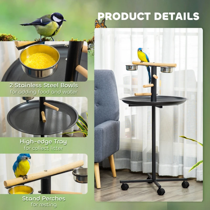 PawHut Portable Bird Play Stand, Parrot Perch Bird Feeder Station with Wheels, Stainless Steel Feeding Bowls, Tray, Gray