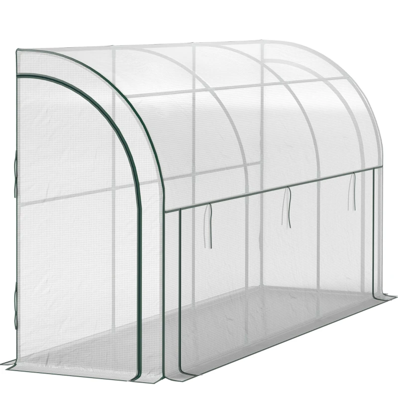 Outsunny Walk-in Lean-to Greenhouse, Outdoor Gardening Green House with Zipper Roll-up Doors and Window, 10' x 3' x 5', White