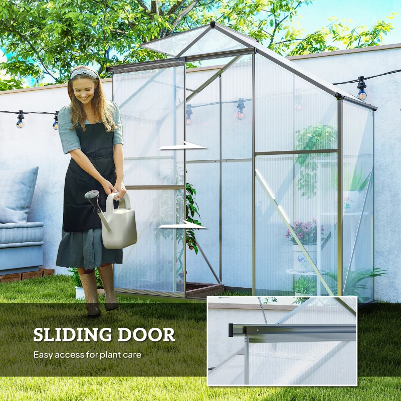 Outsunny 6' x 2.5' Walk-in Polycarbonate Greenhouse Aluminium Green House with Sliding Door, 5-Level Roof Vent, Rain Gutter