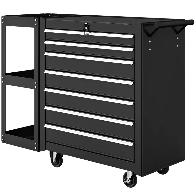 HOMCOM 7-Drawer Rolling Tool Chest with Detachable Side Shelf, Lockable Tool Cabinet Box Organizer with Wheels, Black