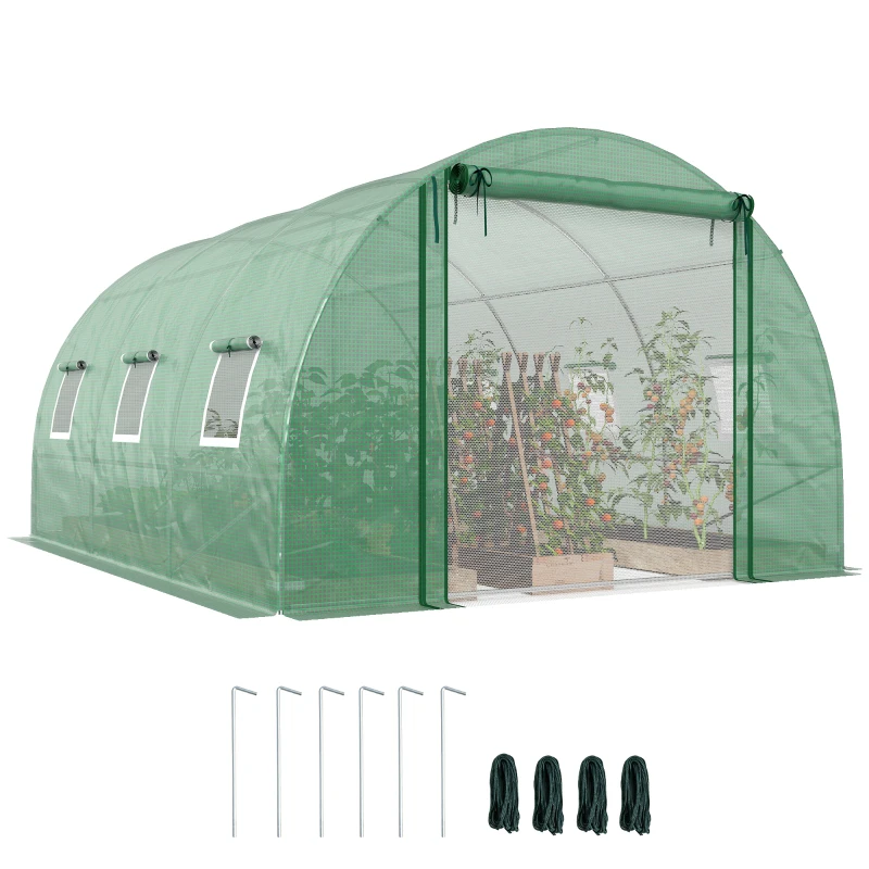 Outsunny Walk-in Greenhouse with with UV/Wind Resistant, Plant Hot House w/ Support Rods, Roll-up Mesh Door, Mesh Windows, 13'x9.8'x6.6', Green