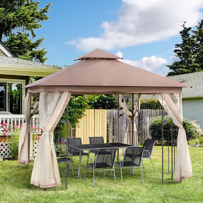 Outsunny 10'x10' Soft-top Steel Patio Gazebo Outdoor Sun Shelter with 2-Tier Polyester Roof, Curtain Sidewalls, Brown