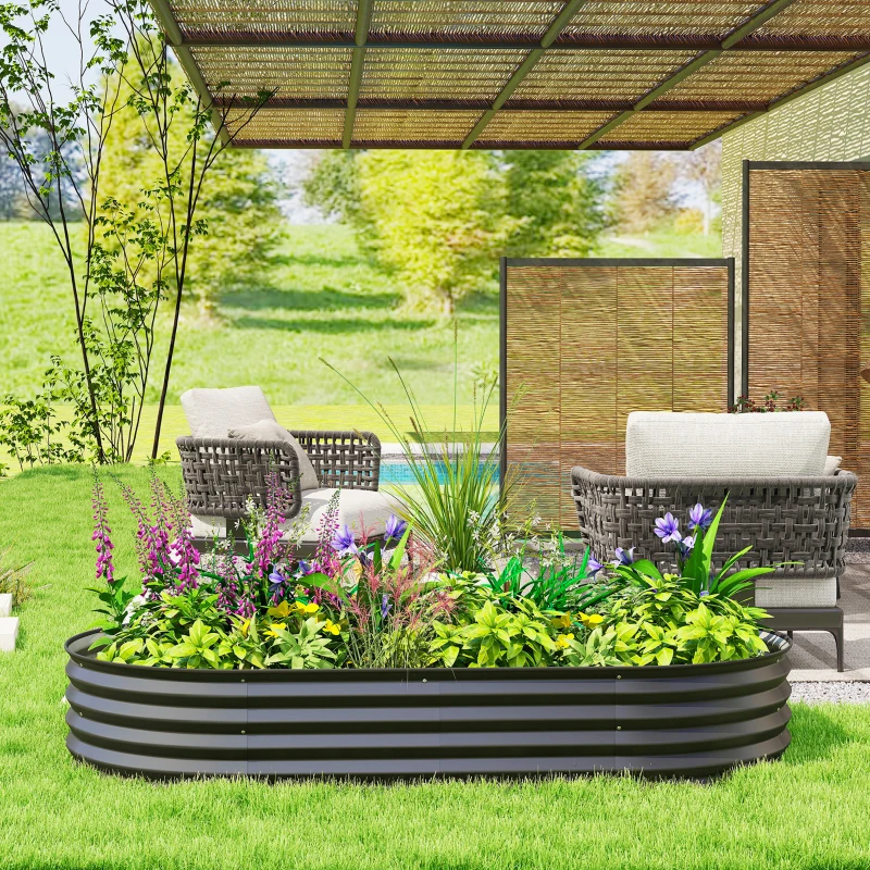 Outsunny 6' x 3' x 1' Large Outdoor Planter Box, Galvanized Raised Garden Bed with Metal Plant Stake, Black