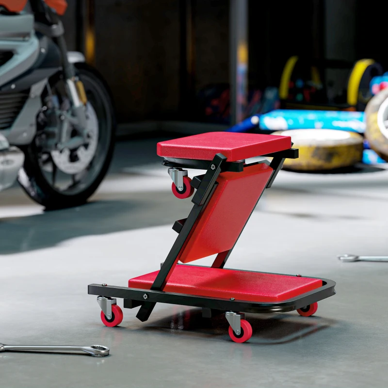 HOMCOM Automotive Z Creeper Seat, 2-in-1 330 lbs Rolling Garage Mechanic Creeper & Stool with Pad, 6 Wheels, Red