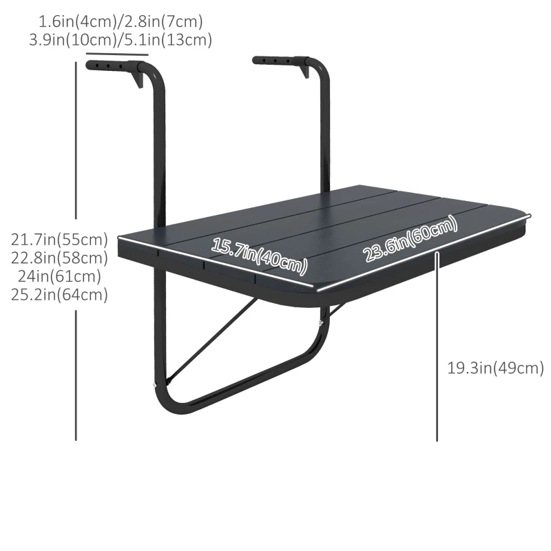 Outsunny Outdoor Hanging Table, Adjustable Balcony Railing Table, Aluminum Mounting Wall Desk Rack, Foldable Outdoor Flower Stand Serving Table Rectangle, Black