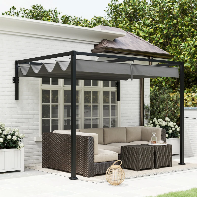 Outsunny 10' x 7' Lean To Pergola, Metal Pergola with Retractable Roof for Grill, Garden, Patio, Deck