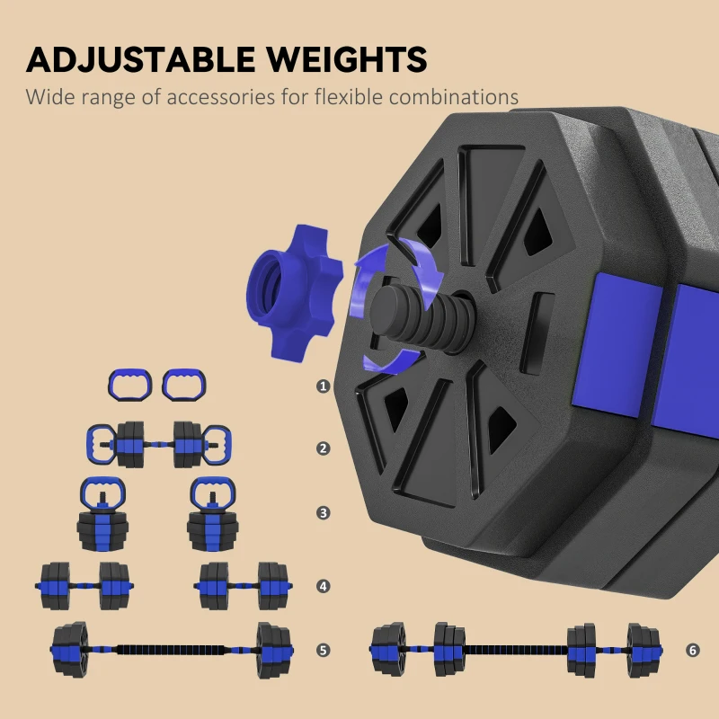 Soozier 6-in-1 Adjustable Dumbbell Set, Used as Kettlebell, Barbell, Dumbbell, Push-Up Stand, 55lbs Free Weights Set, Blue