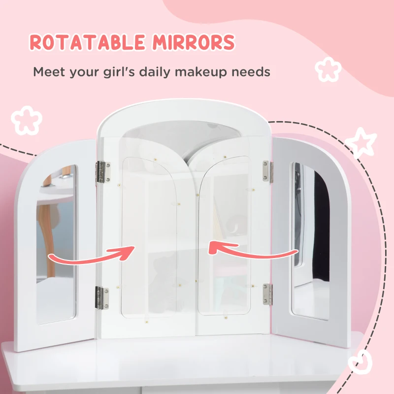 Qaba Kids Vanity Table & Chair Set, Girls Dressing Set, Make Up Desk with Tri-folding Mirrors, Drawer, White