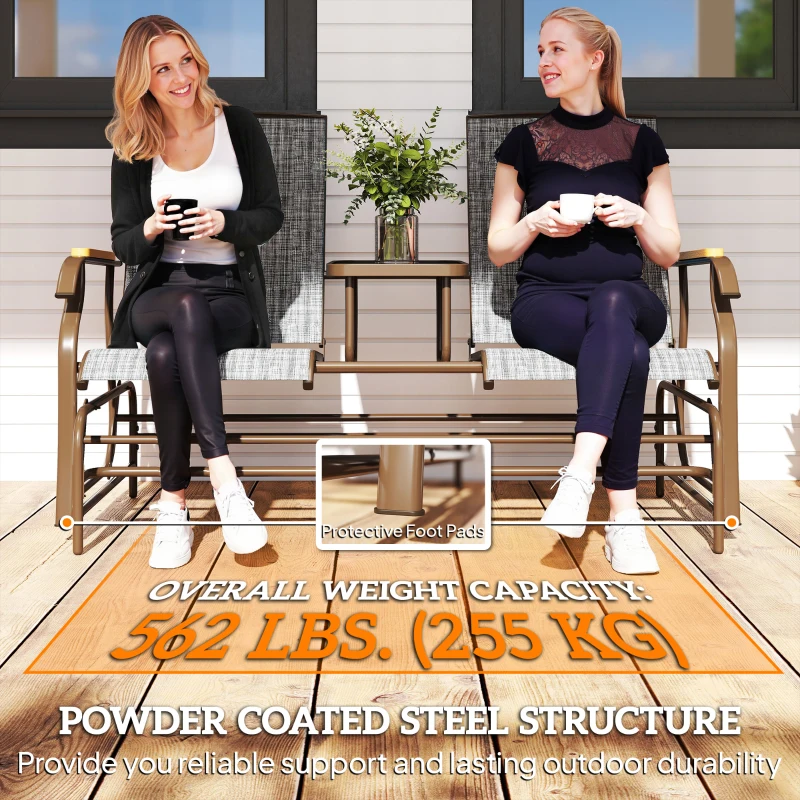 Outsunny Outdoor 2-Person Glider Bench, Outside Swing Glider Chair Loveseat with Breathable Mesh, Table, Steel Frame