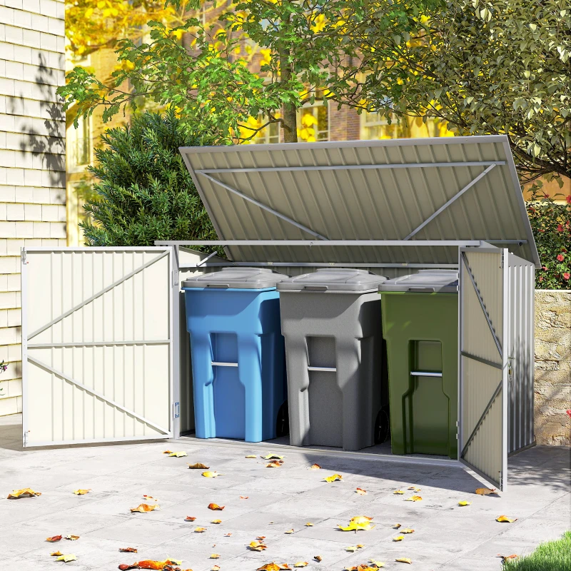 Outsunny 7.6 x 3.4ft Outdoor Storage Shed, 3 Garbage Bin Shed Organizer with Lockable Double Doors, Openable Lid, Silver Grey