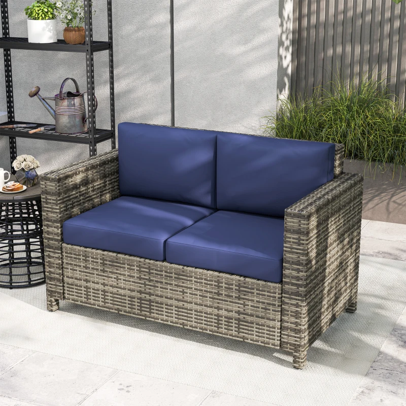 Outsunny Wicker Outdoor Sofa, All Weather Patio Couch Loveseat with Cushions for Balcony, Deck, Garden, Poolside, Dark Blue